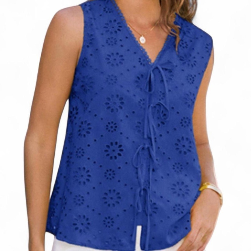 Boho ✨Royal Blue Lace Eyelet Bow Tie Vest Tank Top 2XL 💙 🎀